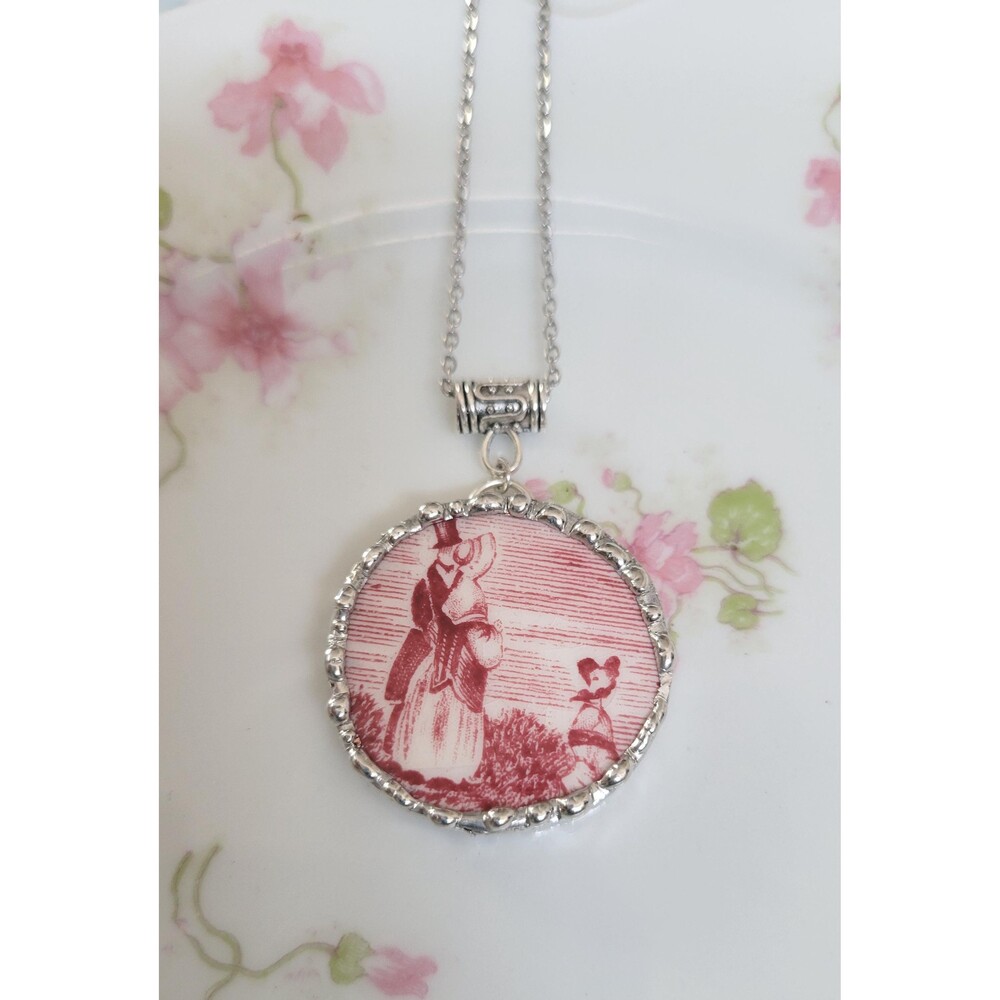 Broken China Red Transferware "Family" Soldered Pendant Necklace